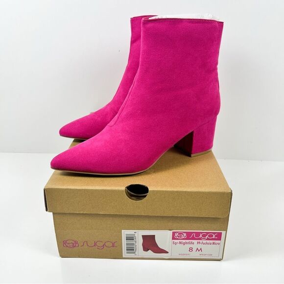 Sugar Nightlife Hot Pink Faux Suede Ankle Boots Block Heel Zip Size 8 NEW In Box - Picture 1 of 11